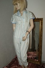Vintage Pyjama * Schlafanzug Negligee - Anzug weiß-hellblau seidenglatt  42