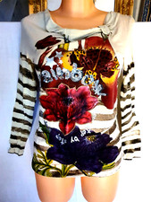 DESIGUAL 36 38 S M Damen Bluse Shirt Top Langarm Beige Blume Rot Oberteil s562