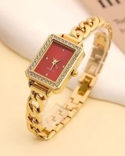 DAMEN STRASS SCHMUCK QUARZ UHR ELEGANTE DAMENUHR•ROTES ZIFFERBLATT•GLIEDERARMBAN