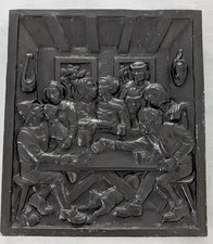 Kaminplatte Ofenplatte Relief Bild Gusseisen 35x30cm Motiv Saufgelage 9,2 kg