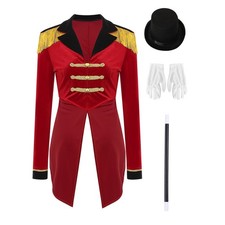 DE Damen Zirkus Kostüm Samt Frack Jacke mit Hut Handschuhe und Zauberstab Outfit