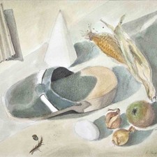 Renate Herfurth Stillleben Reißzwecke Ostdeutsche Kunst gerahmt Aquarell 1990