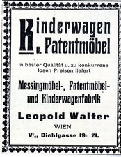 Leopold Walter Wien Kinderwagen u. Patentmöbel Historische Annonce von 1909