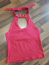 Damen Shirt mit Halsband Glitzersteine rot Party XS 32 34 ärmellos Neckholder