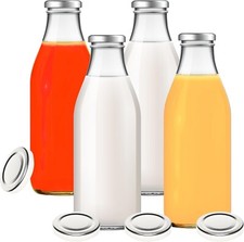 4 Glasflaschen 1 Liter Saftflaschen Milchflaschen mit 8 Schraub-Deckeln silber