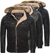 Herren Jacke Kapuze Kunstpelz Winterjacke Kunstleder Ärmel gefüttert warm H-062