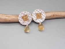 Citrin Ohrstecker, silber-goldene Ohrstecker, facettierte Tropfen Ohrringe