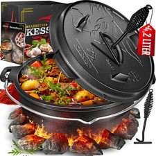RETOURE Dutch Oven Set mit Deckelheber BBQ Feuertopf Schmortopf Gusseisen 4,2L