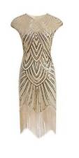 MIMIKRY 20er Jahre Charleston Pailletten Kleid Creme/Gold mit Fransen Flapper Da