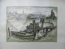 Helmut Maletzke (1920-2016) , Linoldruck, Greifswald , Fischerdorf