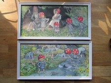 2 x Bilder Die Wichtelkinder Elsa Beskow 60/70er Jahre gerahmt 31 x 16 cm