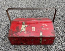 2) Groß rot-golden alt Blechdose Teedose Meßmer-Tee wie Werkzeugkasten m. Henkel