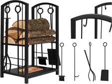 Edelstahl Kaminbesteck Set Korb Schwarz Holzaufbewahrung Zubehör Modell 8785