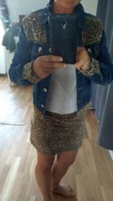 Punk Leopard Jeans Jacke und Mini Rock  sexy Kostüm XS 32 Handmade