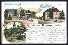 Lithographie Rudow, Restaurant Hermann Krüger, Kirche, Schloss 