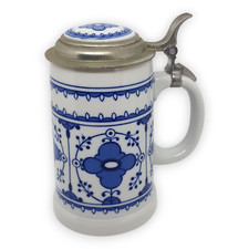 Bierkrug Fine China Lichte Echt Kobalt Zinndeckel Porzellan Krug Strohblume Blau