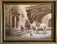 Ölbild Reiter mit Pferden vor