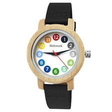 Holzwerk RAINBOW BLACK bunte kleine Damen Leder & Holz Uhr in weiß, schwarz