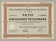 Schlossbrauerei Neunkirchen, Saar – Aktie, 1.000 RM, April 1936 – Schlossbräu !