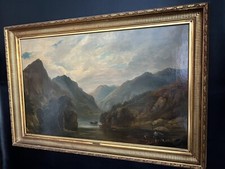 Antik Ölgemälde Ölbild Biedermeier Landschaft Berge Schiff See Fjord Boot