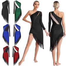 DE Frauen Kostüm Glänzend Tanzbekleidung Latein Kleid Eine Schulter ChaCha Tanz