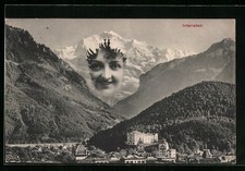 AK Interlaken, Ortsansicht mit Jungfrau, Berg mit Gesicht, Berggesichter 1907 