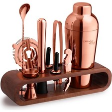 10 tlg Edelstahl Cocktail Shaker Set 680ml Shaker Barkeeper mit Mahagoni Ständer