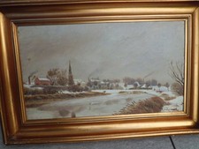 antikes Ölbild auf Hartfaserplatte masonit Landschaft Kirche signiert Rich. Rehm