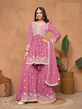 Rosa Sharara-Anzug aus schwerem besticktem Georgette-Imitat für Damen |...