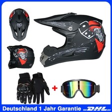 Quadhelm schwarz Brille Piraten-Totenkopf Handschuhe Motocross Crosshelm