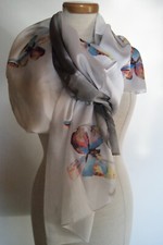 XXL Schal Tuch Stola Satin mit Seide 190x100 Schmetterling bunt  silber grau