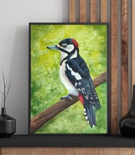 Aquarell Buntspecht Gemälde in A4, Kunstwerk groß, Tierkunst, Vogelkunst, Bilder