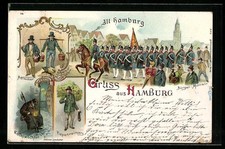 Lithographie Hamburg, Hummel und Aalweber, Nachtwächter, Piepenreimers und Bürg 