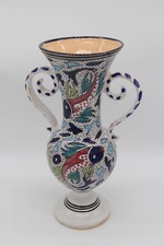 große Keramik Ton Blumenvase Tunesien Amphore bemalt Fische blau weiß gepunktet