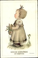 Künstler Ak Probat, Glückwunsch Geburtstag, Mädchen mit Blumen - 3858430