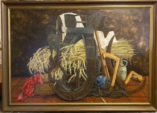 ::SEHR GROßES STILLLEBEN  °PFERD BRUSTBLATTGESCHIRR HEU UND SCHEUNE °SIGNIERT