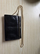 Irv Handtasche Echt Krokodil Leder Schwarz mit Kette Vintage Sehr Guter Zustand