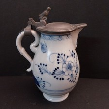 Kleine alte Henkelkanne Blau-Weiss Porzellan Zinnmontierung wohl Thüringen