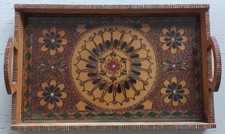 Holztablett Tablett Serviertablett mit Glasplatte und Henkel Griff Vintage Retro