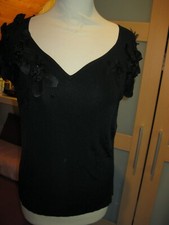 Damen Strick Top, Kurz Arm, Gr. L, Schwarz, Perlen/Blüten, Viskosem., "futura"