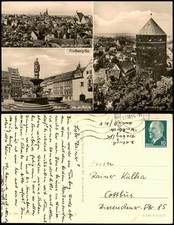 Freiberg Sachsen DDR Mehrbild-AK Panorama, Denkmal Otto Reiche, Donatsturm 1964