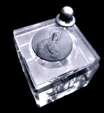 Tintenfass Kristall Zinn Medaille Herz Jesu antik 3,5x3,5x3,5 cm sammelwürdig