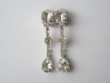 Vintage Ohrringe Ohrclips Lang Strass Silberfarben Abend Schmuck 12,1g/5,6x1,0cm