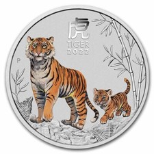 5 UNZEN 999 SILBER - LUNAR TIGER 2022 - KOLORIERT - SILBERMÜNZE - SILBERBARREN 
