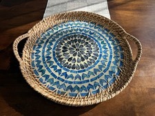 Dekoratives Tablett Korb geflochten Rattan Mosaik Inlay D=40cm Neu