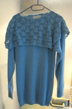 Pullover 55% seide 15% wolle angora pulli hell blau häkelkragen M 40.-42  NEU