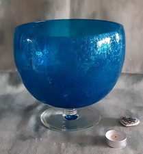 alte -Biot- Glas Schale azurblau groß mit Fuß Obst Salate Bowle Windlicht Deko