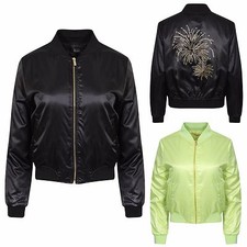 Damen MA1 Diamantee Klassisch Freizeit Bomber Jacke Vintage Reißverschluss Biker