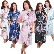 Sexy Seide Pfau Damen Brautjungfer Kimono Bademantel Satin Nachtkleid Kleid