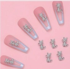 2 St. 3D Nagelschmuck Deko Nail Art Strass Katze Kristall Steine silber